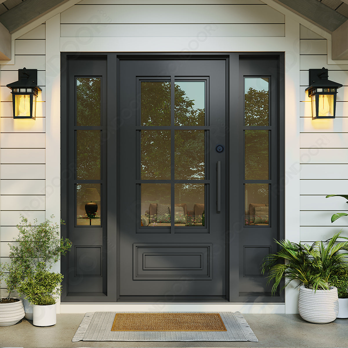 Biltmore 23 Black Single Iron Front Door with Sidelights