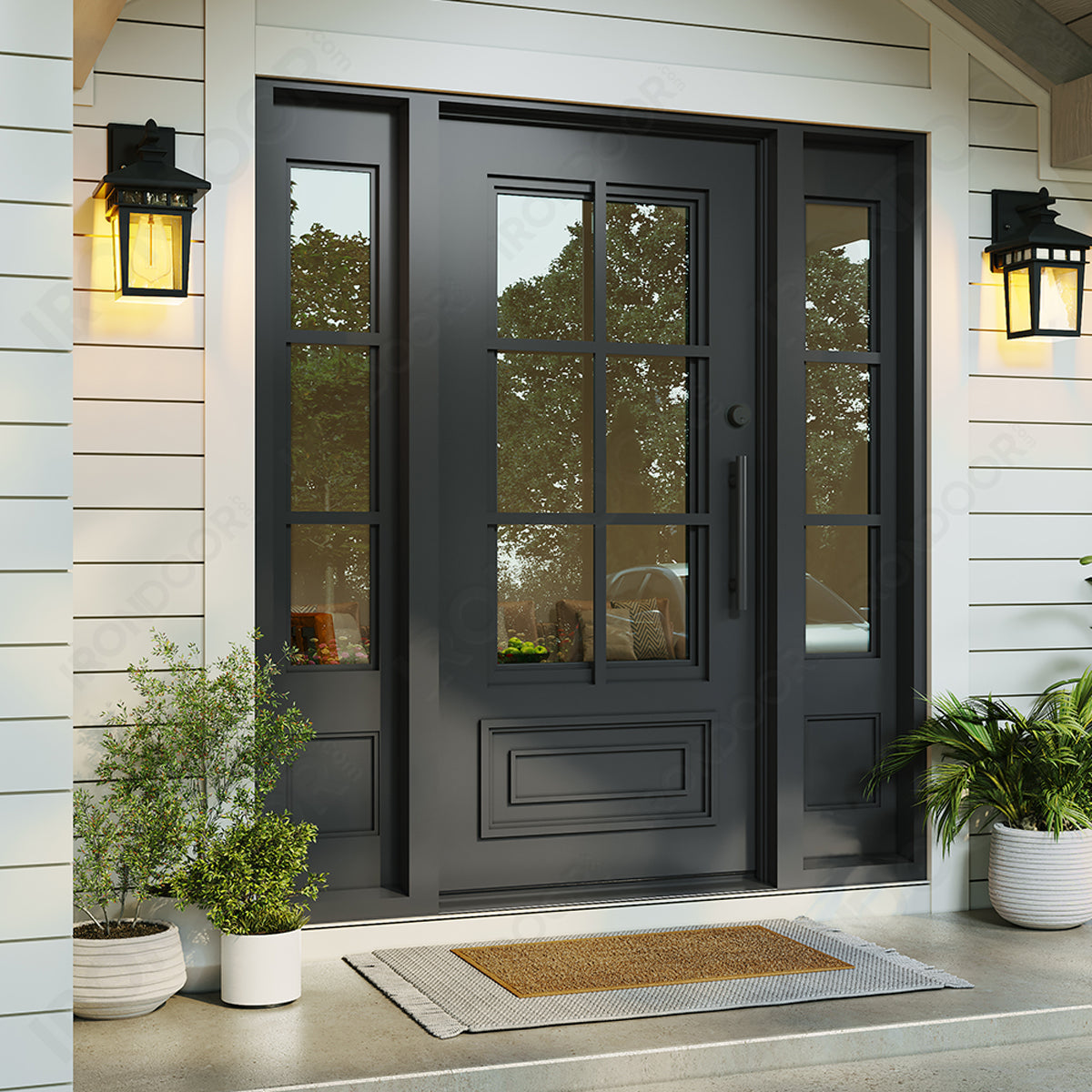 Biltmore 23 Black Single Iron Front Door with Sidelights
