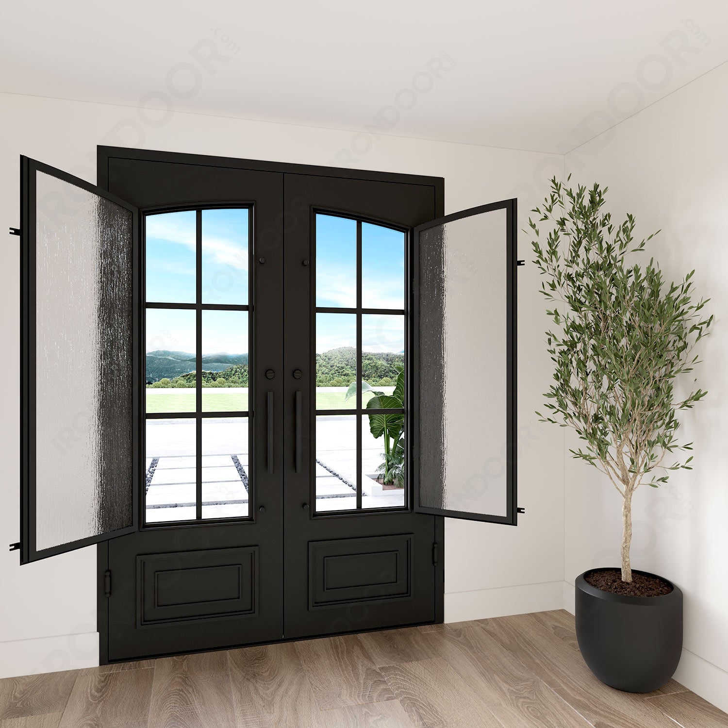 Biltmore 43 Black Exterior Double Wrought Iron Door with Eyebrow Top