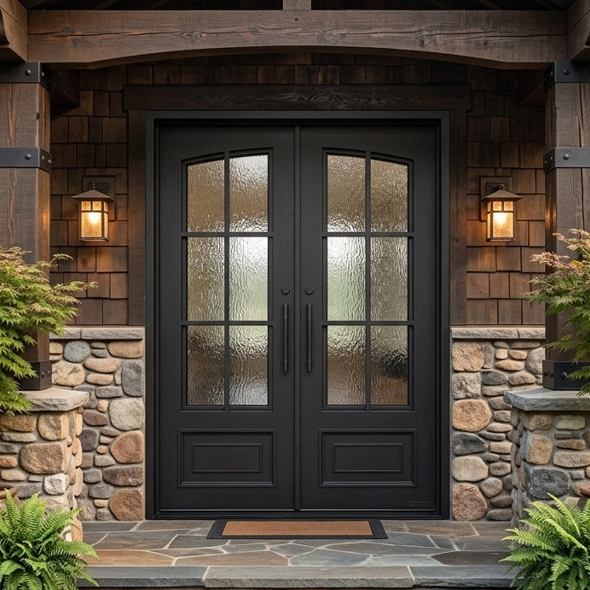 Biltmore 43 Black Exterior Double Wrought Iron Door with Eyebrow Top